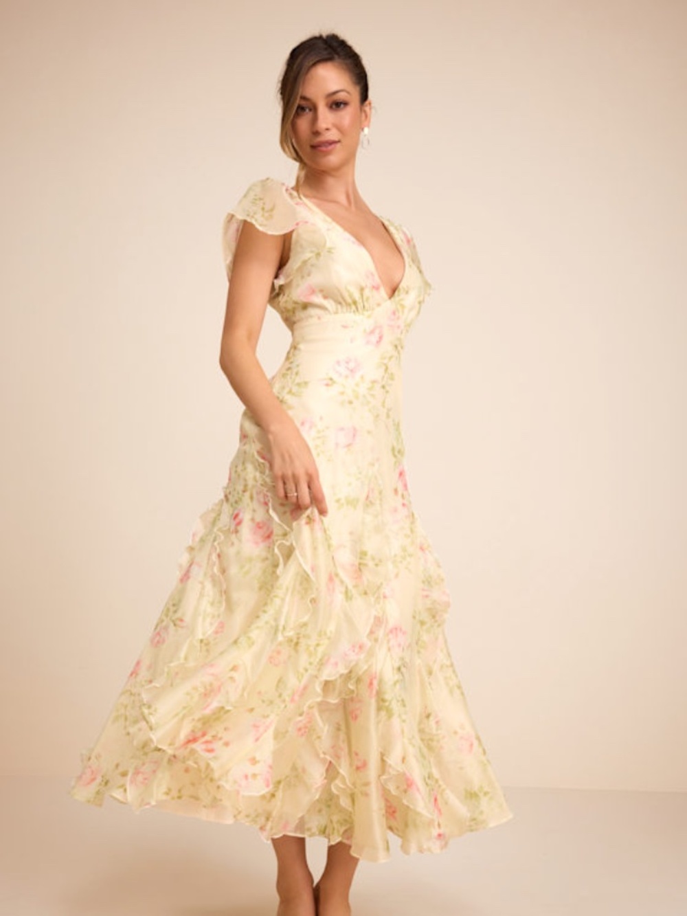 Lulus Deluca Light Green Floral Ruffled Midi Dress - Size M